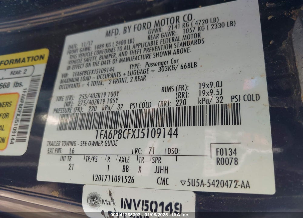 2018 FORD MUSTANG VIN: 1FA6P8CFXJ5109144