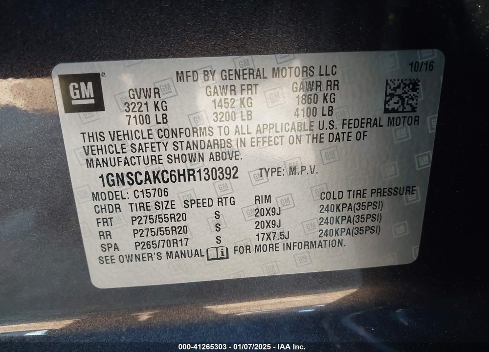 2017 CHEVROLET TAHOE LS VIN: 1GNSCAKC6HR130392