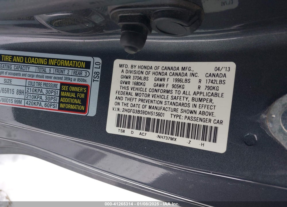 2013 HONDA CIVIC VIN: 2HGFG3B59DH515601
