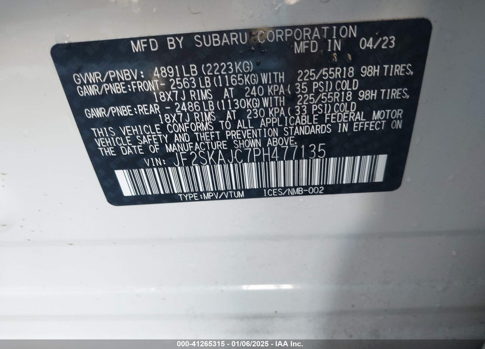 2023 SUBARU FORESTER VIN: JF2SKAJC7PH477135