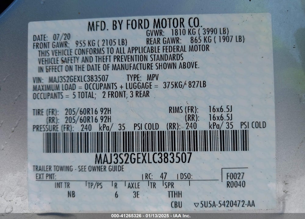 2020 FORD ECOSPORT SE VIN: MAJ3S2GEXLC383507