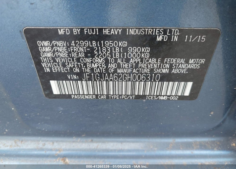 2016 SUBARU IMPREZA 2.0I VIN: JF1GJAA62GH006310