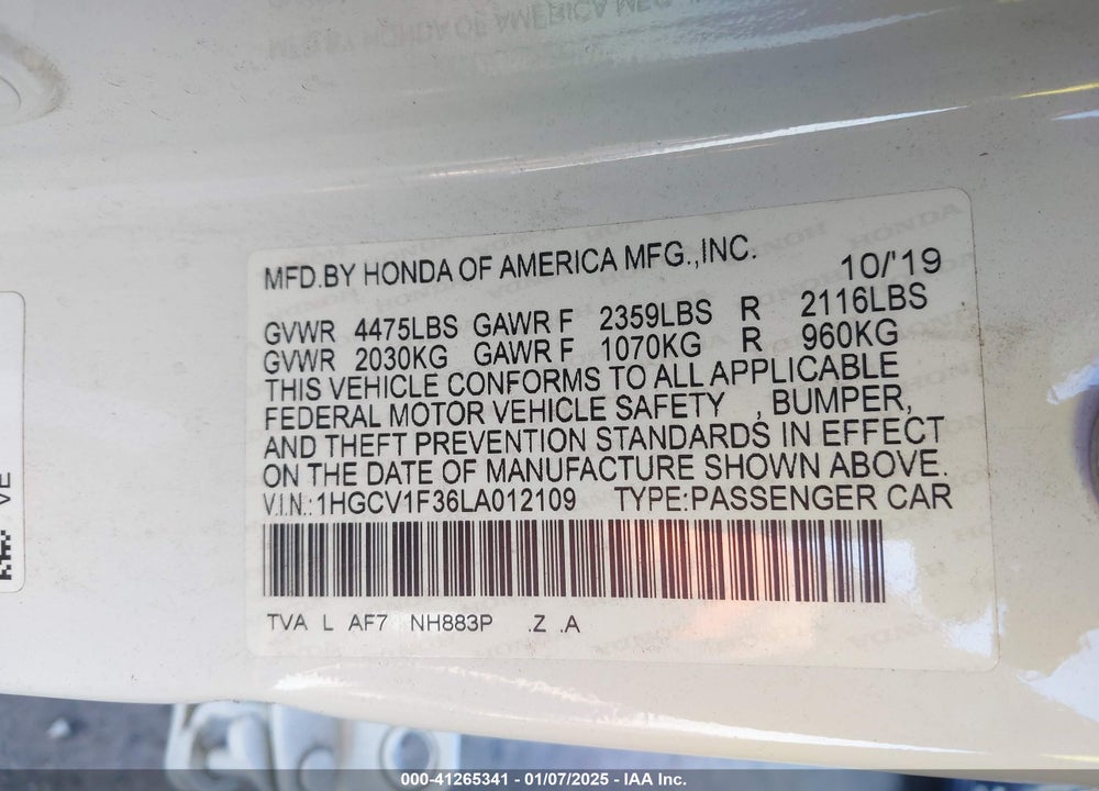 2020 HONDA ACCORD VIN: 1HGCV1F36LA012109