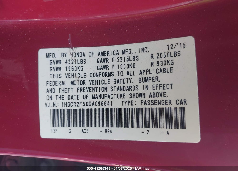2016 HONDA ACCORD VIN: 1HGCR2F50GA096641
