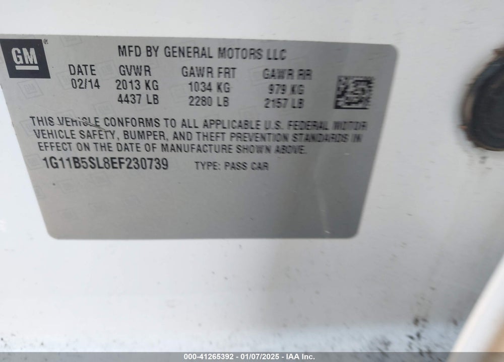 2014 CHEVROLET MALIBU VIN: 1G11B5SL8EF230739
