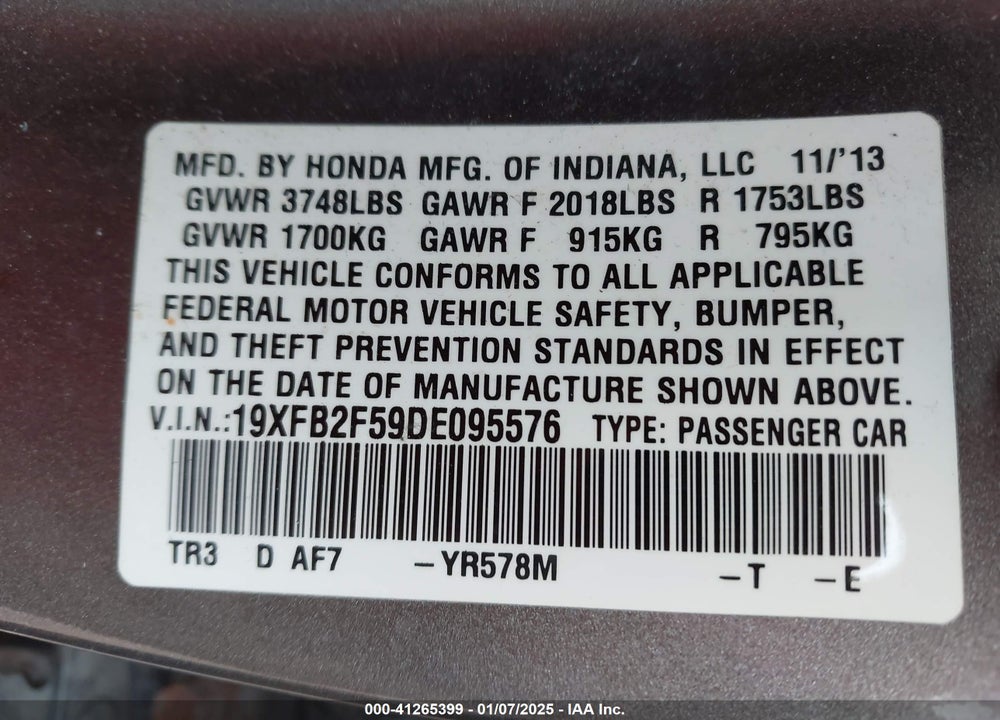 2013 HONDA CIVIC VIN: 19XFB2F59DE095576