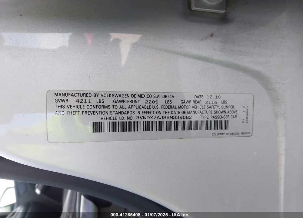 2011 VOLKSWAGEN JETTA VIN: 3VWDX7AJ8BM339082