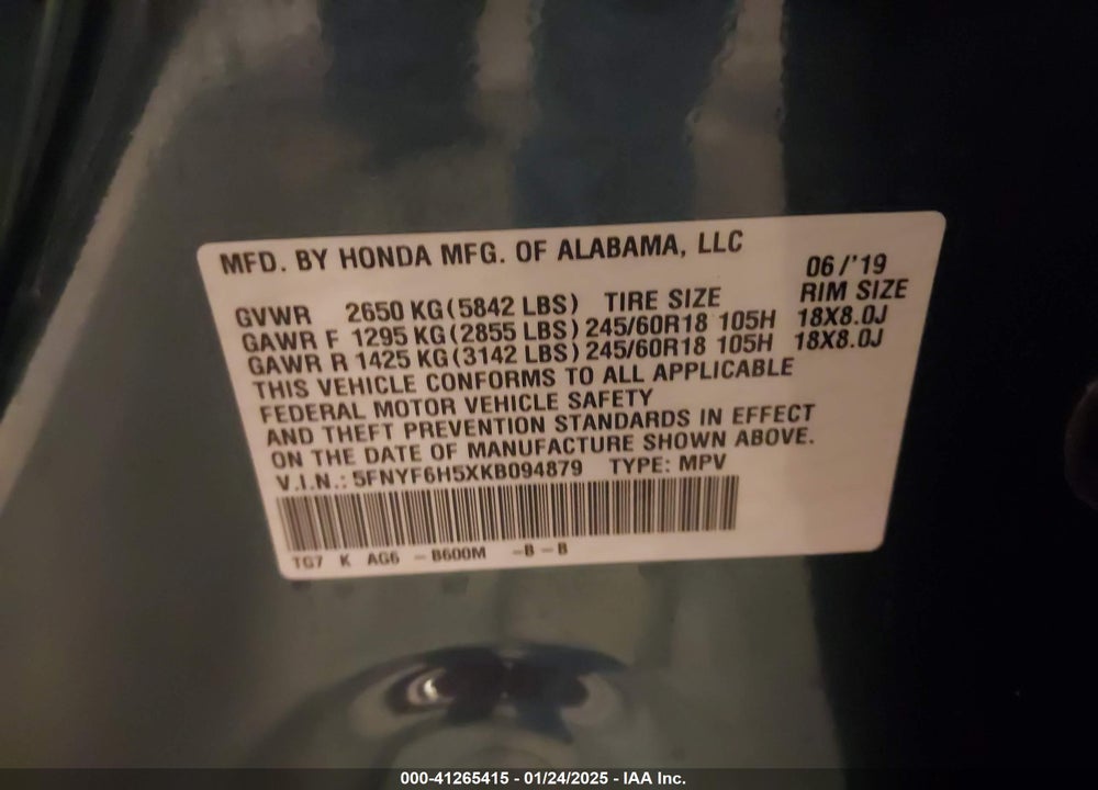 2019 HONDA PILOT EX-L VIN: 5FNYF6H5XKB094879