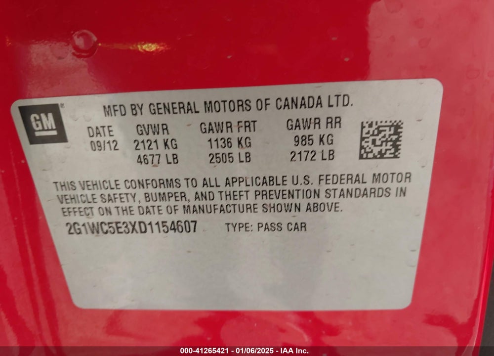 2013 CHEVROLET IMPALA VIN: 2G1WC5E3XD1154607