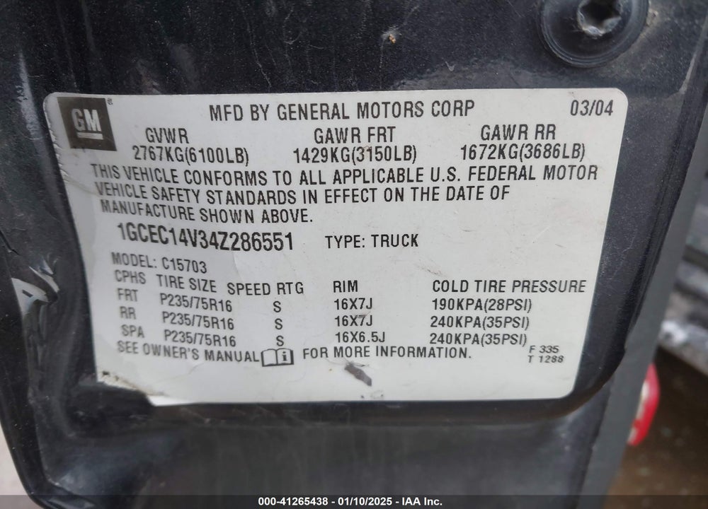 2004 CHEVROLET SILVERADO 1500 LS VIN: 1GCEC14V34Z286551
