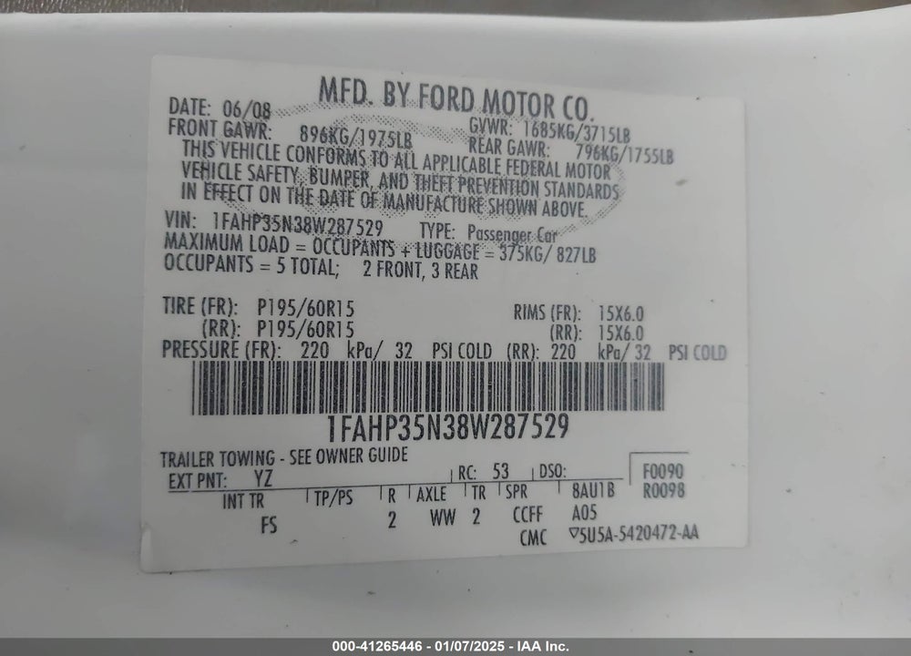 2008 FORD FOCUS SE/SES VIN: 1FAHP35N38W287529
