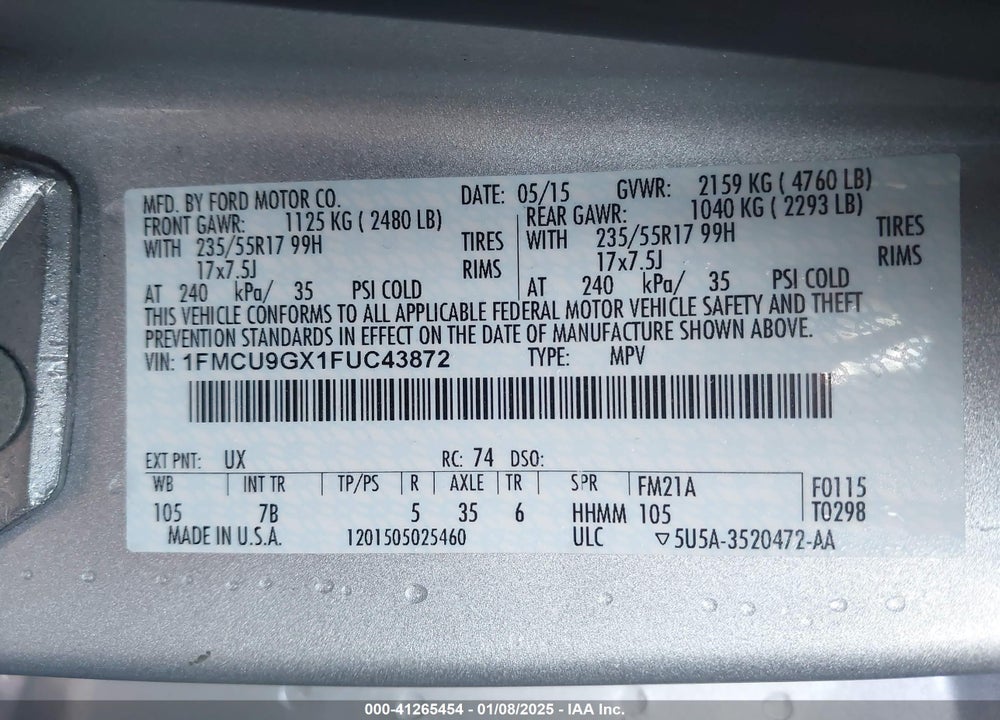 2015 FORD ESCAPE SE VIN: 1FMCU9GX1FUC43872