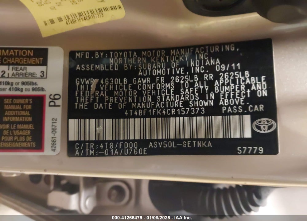 2012 TOYOTA CAMRY VIN: 4T4BF1FK4CR157373