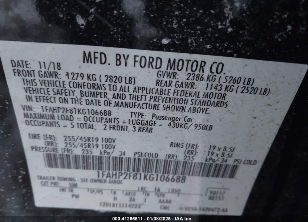 2019 FORD TAURUS VIN: 1FAHP2F81KG106688