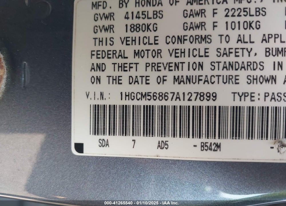 2007 HONDA ACCORD VIN: 1HGCM56867A127899