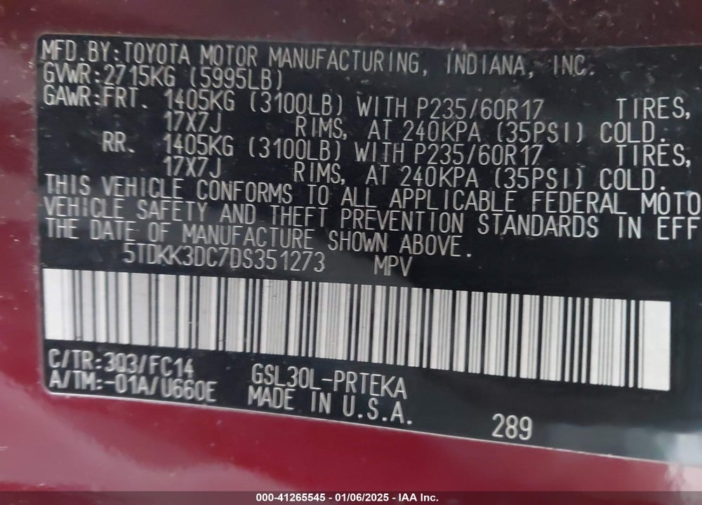 2013 TOYOTA SIENNA LE V6 8 PASSENGER VIN: 5TDKK3DC7DS351273