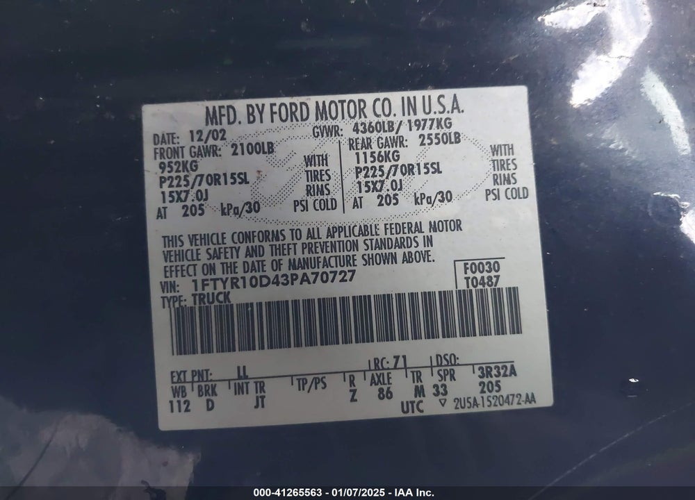 2003 FORD RANGER XL/XLT VIN: 1FTYR10D43PA70727