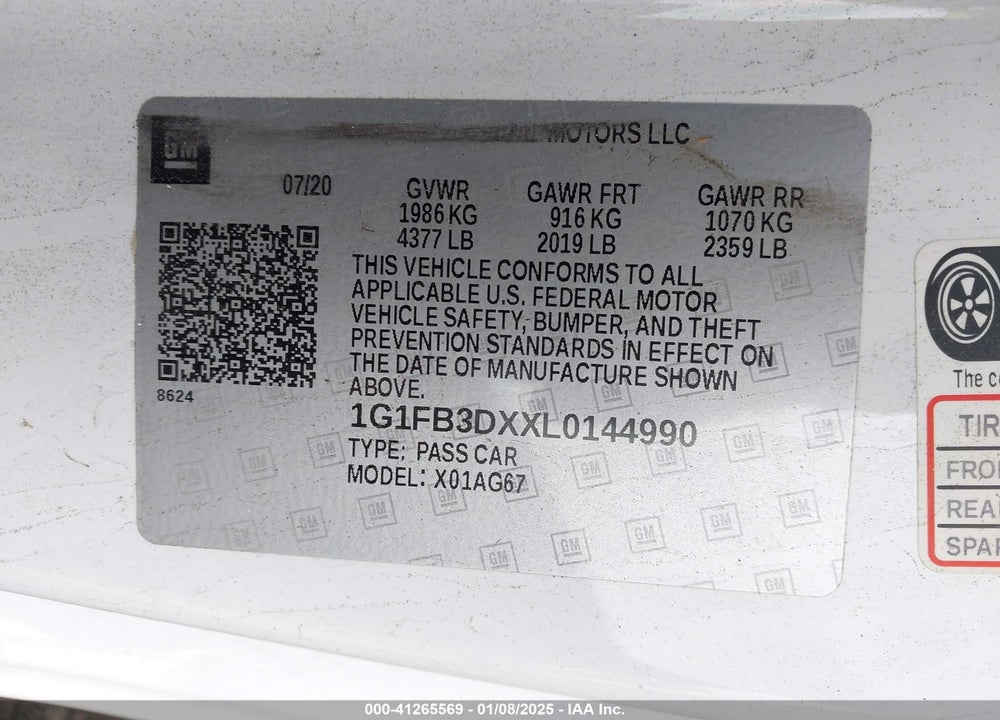 2020 CHEVROLET CAMARO RWD 1LT VIN: 1G1FB3DXXL0144990