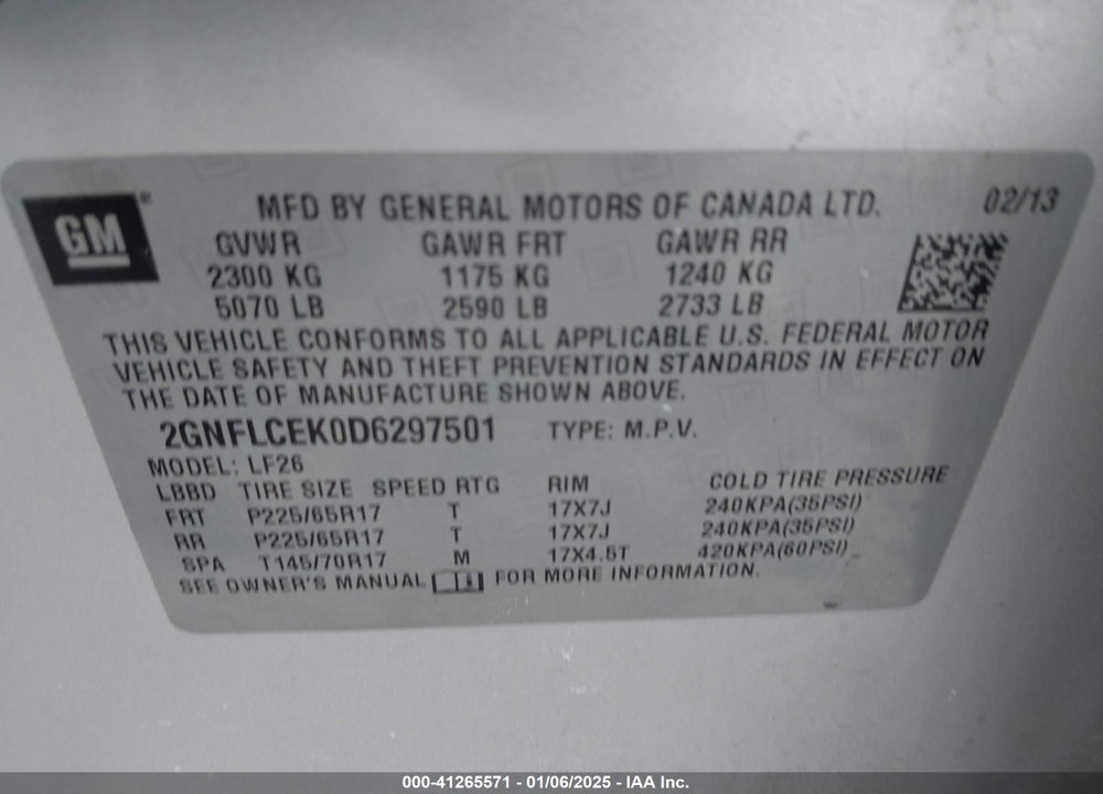 2013 CHEVROLET EQUINOX LS VIN: 2GNFLCEK0D6297501