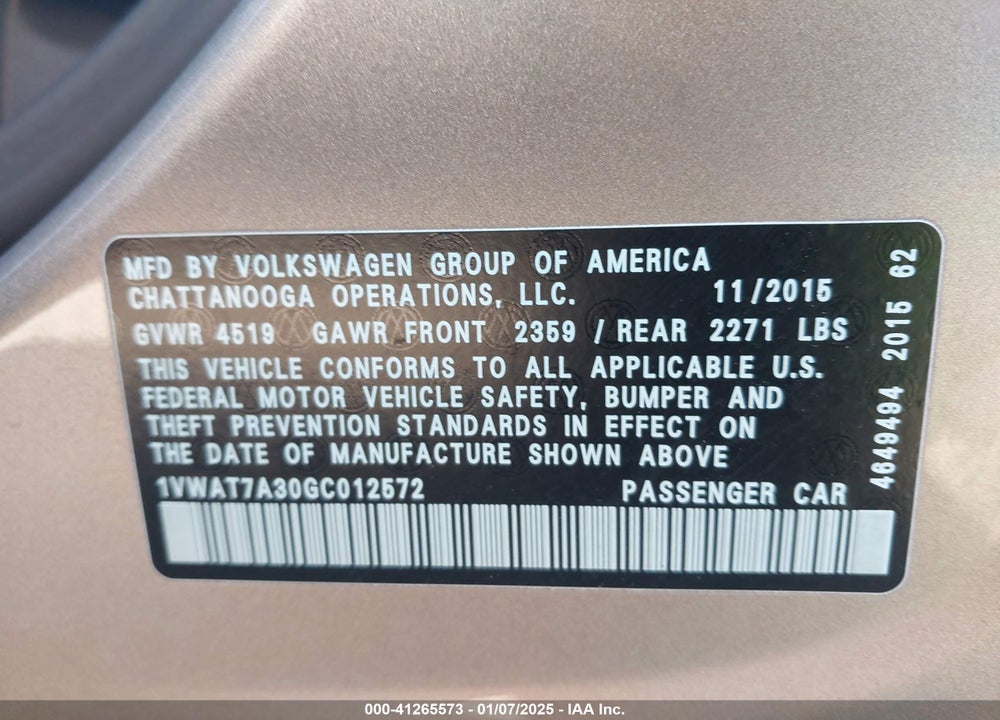 2016 VOLKSWAGEN PASSAT VIN: 1VWAT7A30GC012572