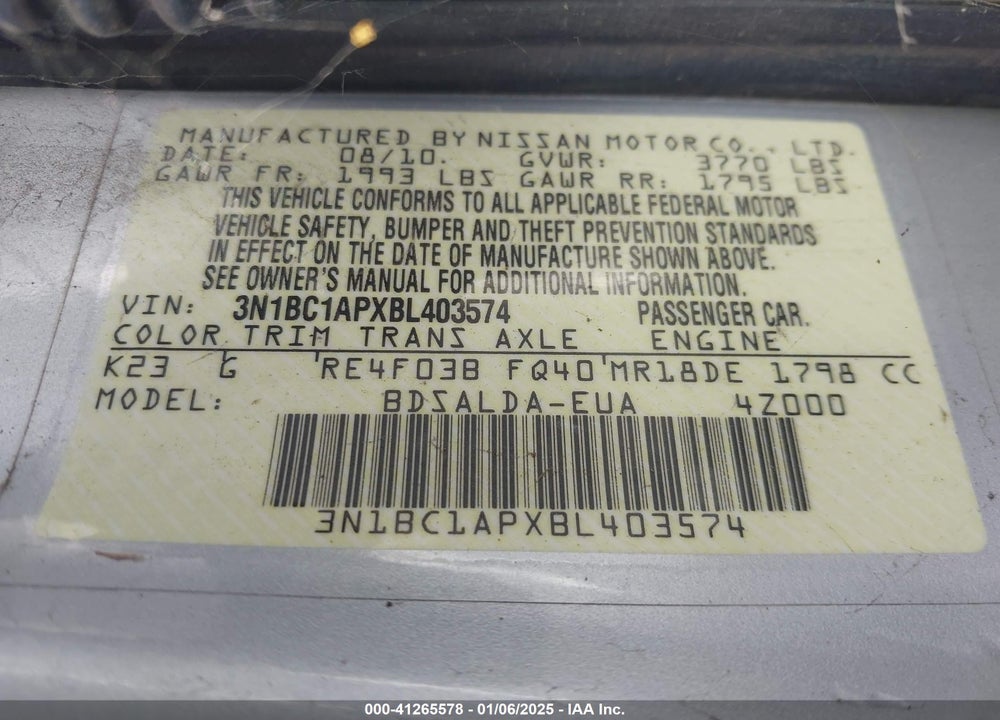 2011 NISSAN VERSA 1.8S VIN: 3N1BC1APXBL403574