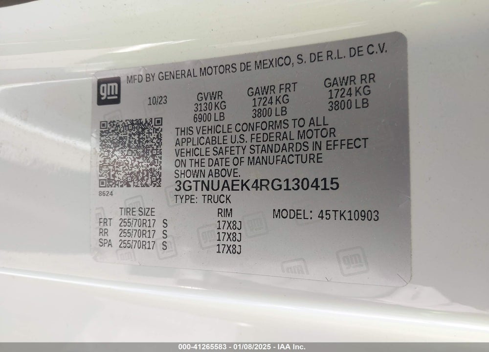 2024 GMC SIERRA 1500 VIN: 3GTNUAEK4RG130415