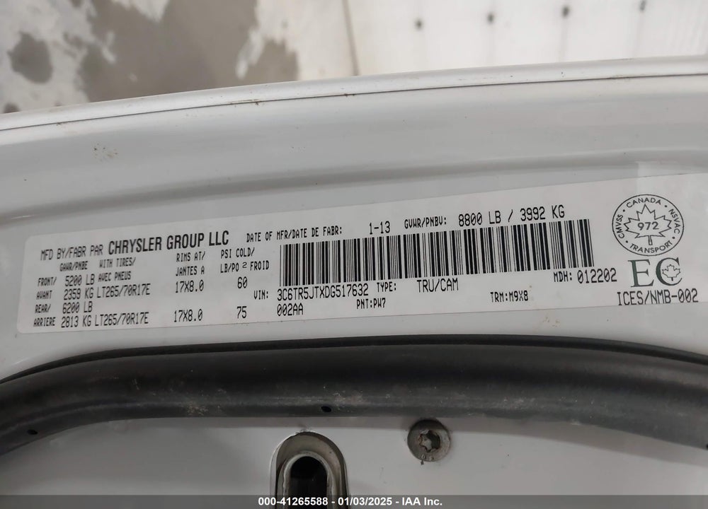 2013 RAM 2500 SLT VIN: 3C6TR5JTXDG517632