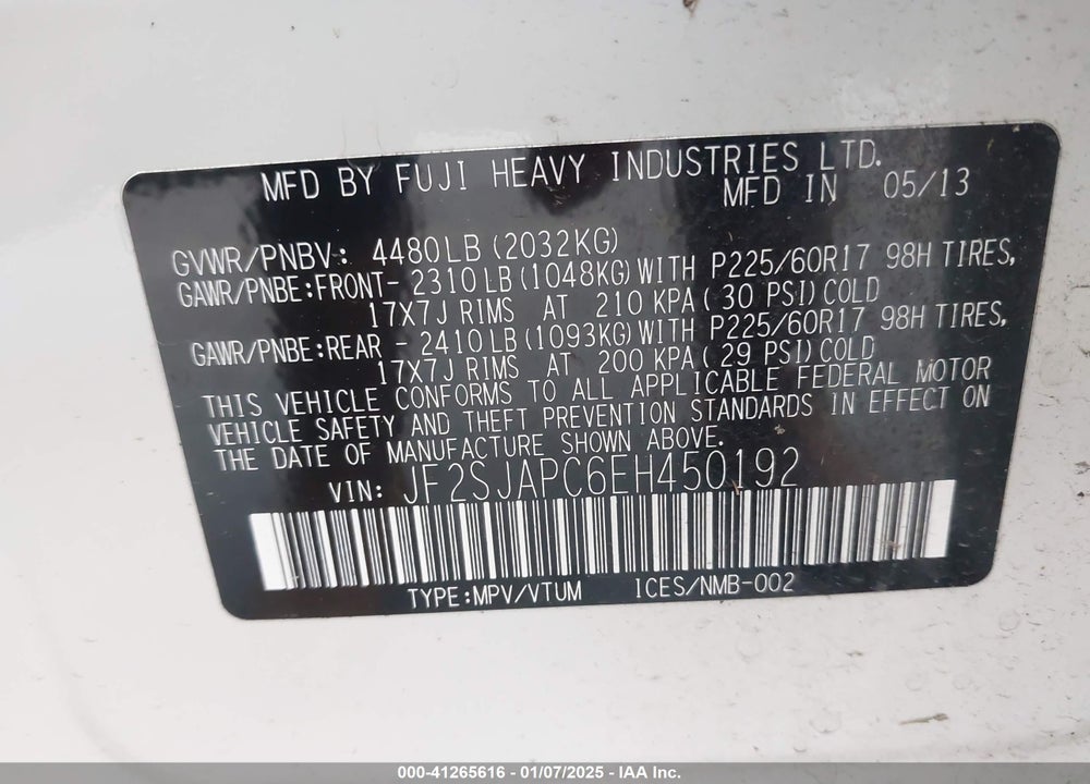 2014 SUBARU FORESTER 2.5I TOURING VIN: JF2SJAPC6EH450192