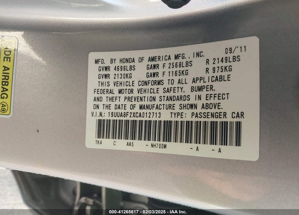 2012 ACURA TL 3.5 VIN: 19UUA8F2XCA012713