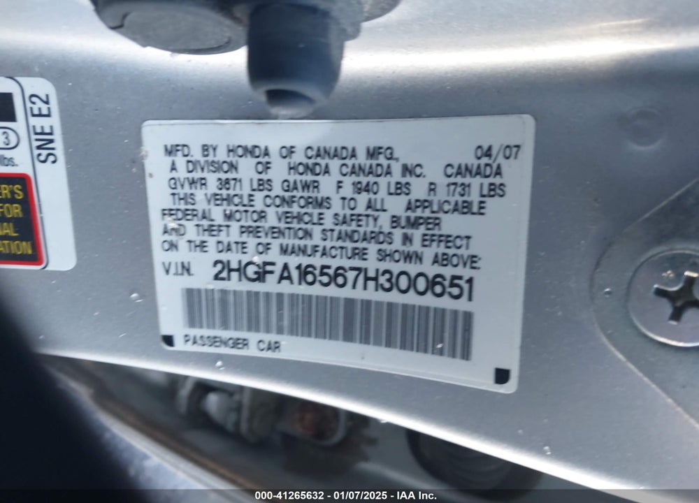 2007 HONDA CIVIC VIN: 2HGFA16567H300651