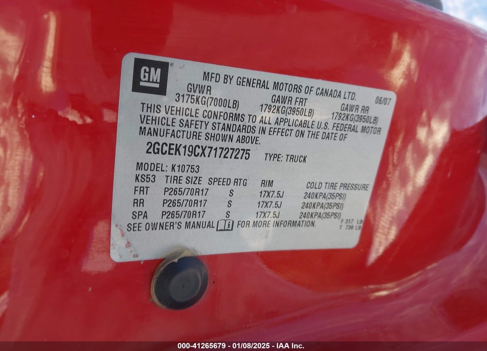 2007 CHEVROLET SILVERADO 1500 WORK TRUCK VIN: 2GCEK19CX71727275