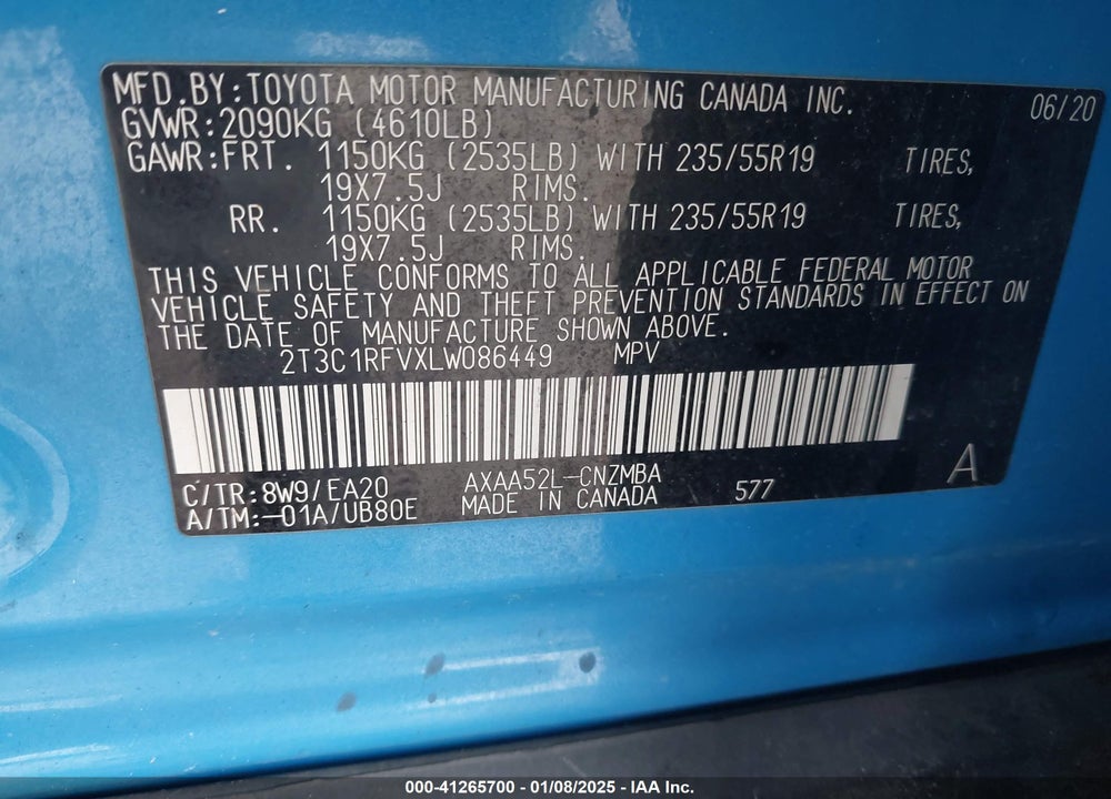 2020 TOYOTA RAV4 XLE PREMIUM VIN: 2T3C1RFVXLW086449