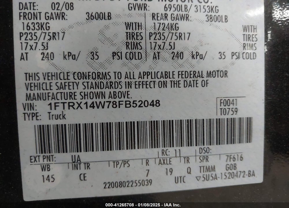2008 FORD F-150 STX/XL/XLT VIN: 1FTRX14W78FB52048