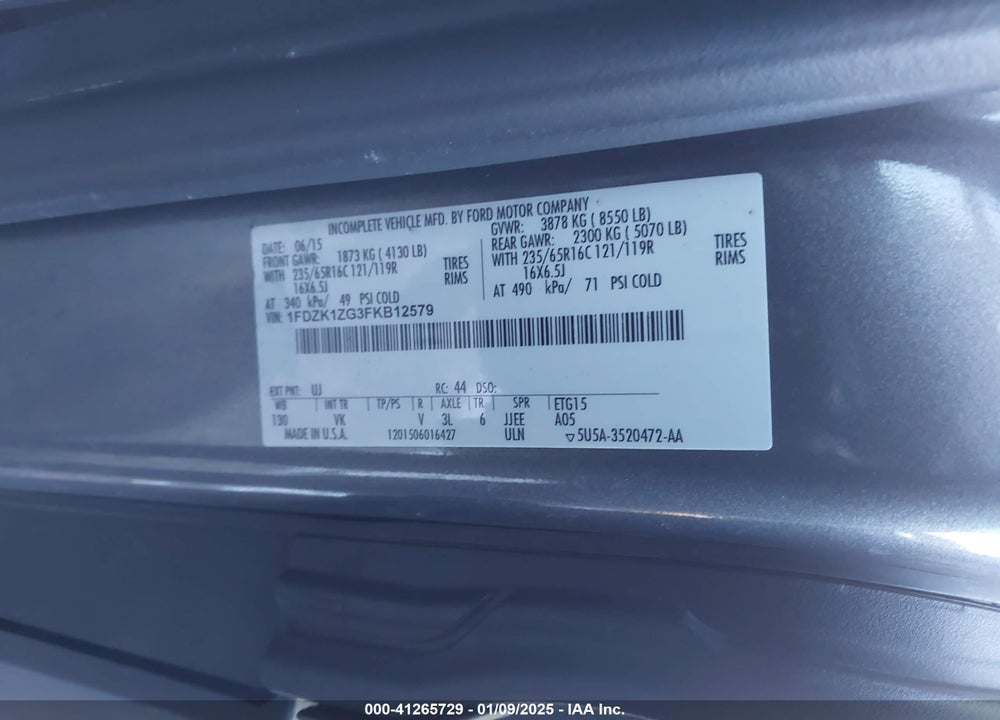 2015 FORD TRANSIT-150 XL VIN: 1FDZK1ZG3FKB12579