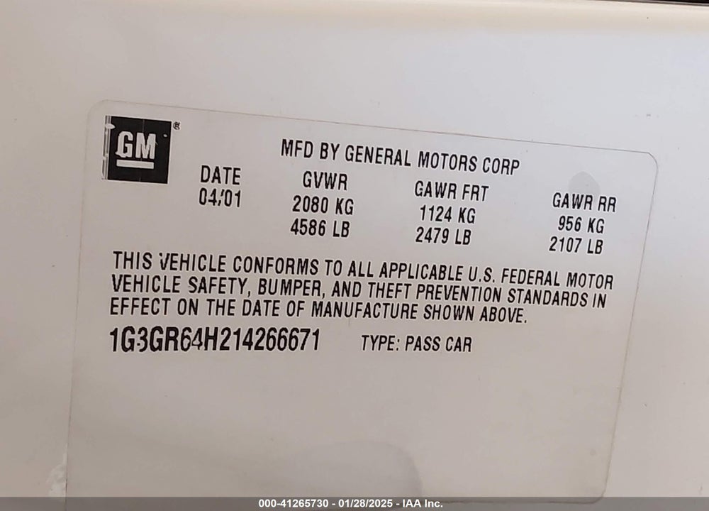 2001 OLDSMOBILE AURORA 3.5 VIN: 1G3GR64H214266671