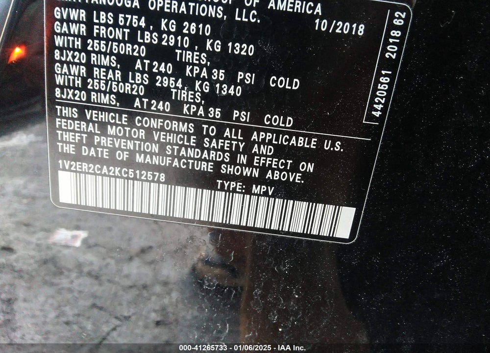 2019 VOLKSWAGEN ATLAS 3.6L V6 SEL VIN: 1V2ER2CA2KC512578