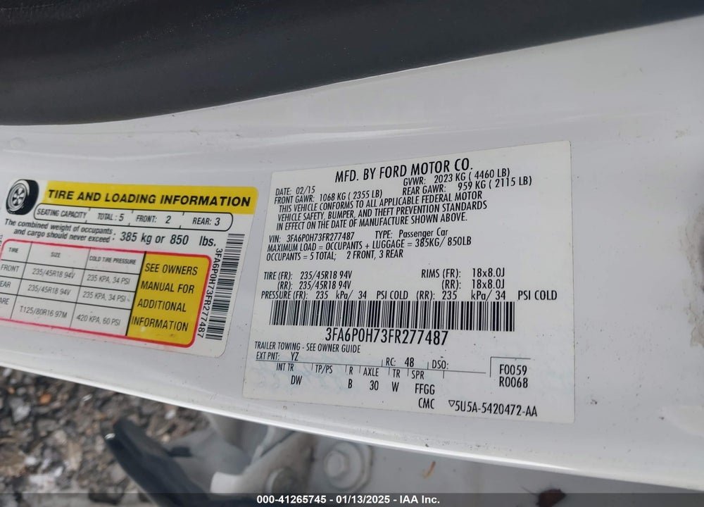 2015 FORD FUSION SE VIN: 3FA6P0H73FR277487