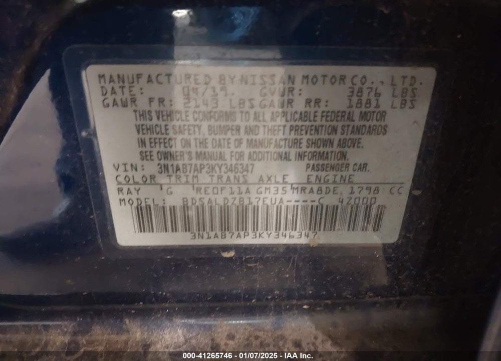 2019 NISSAN SENTRA VIN: 3N1AB7AP3KY346347