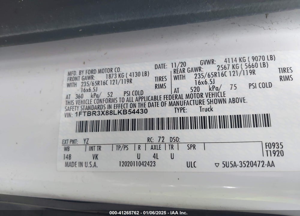 2020 FORD TRANSIT-250 CARGO VAN VIN: 1FTBR3X88LKB54430
