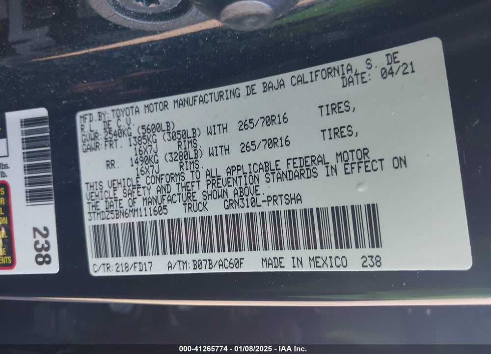 2021 TOYOTA TACOMA VIN: 3TMDZ5BN6MM111605