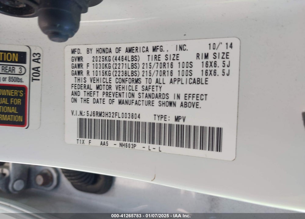 2015 HONDA CR-V LX VIN: 5J6RM3H32FL003804