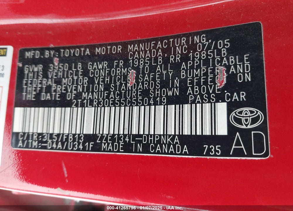 2005 TOYOTA MATRIX/XR VIN: 2T1LR30E55C550419