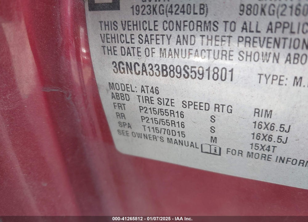2009 CHEVROLET HHR LS VIN: 3GNCA33B89S591801