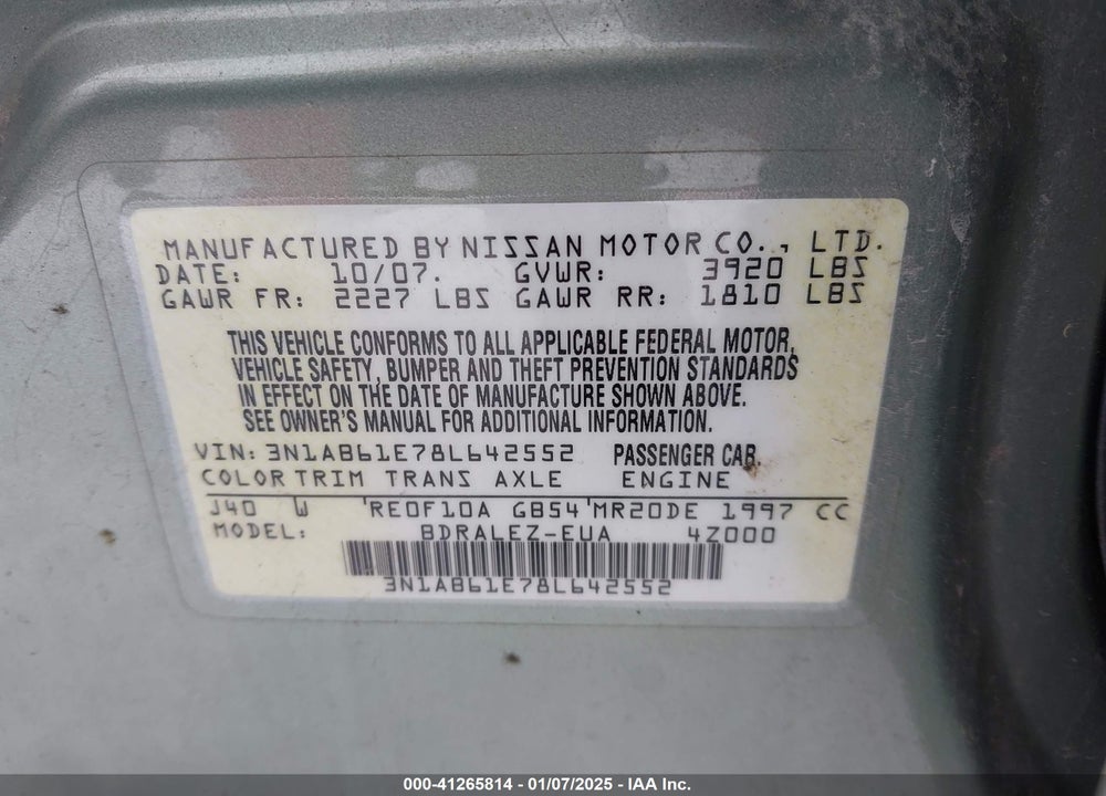 2008 NISSAN SENTRA VIN: 3N1AB61E78L642552