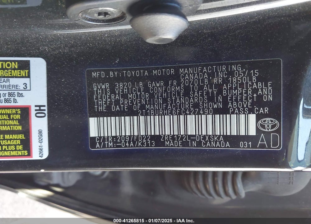 2015 TOYOTA COROLLA VIN: 2T1BURHE6FC427490
