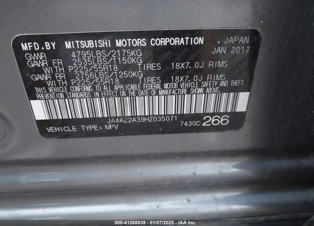 2017 MITSUBISHI OUTLANDER ES VIN: JA4AZ2A39HZ035071