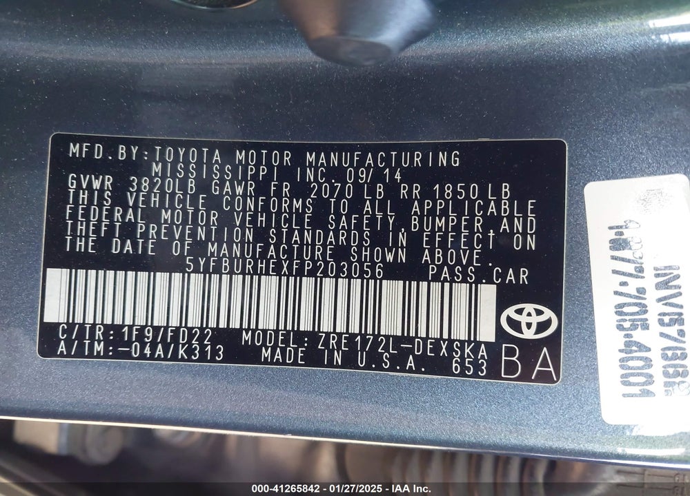 2015 TOYOTA COROLLA VIN: 5YFBURHEXFP203056