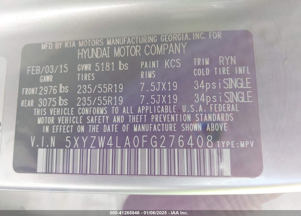 2015 HYUNDAI SANTA FE SPORT 2.0L TURBO VIN: 5XYZW4LA0FG276408