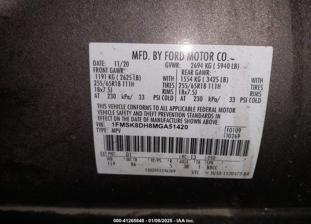 2021 FORD EXPLORER XLT VIN: 1FMSK8DH8MGA51420