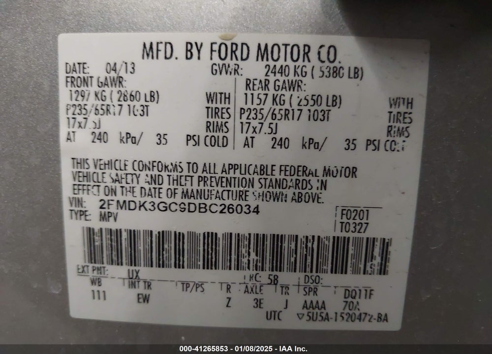 2013 FORD EDGE SE VIN: 2FMDK3GC9DBC26034